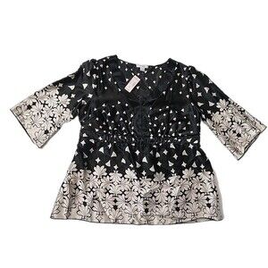 Dressbarn Size 1X Womens Paisley Satin V-Neck 3/4 Bell Sleeve Blouse NEW